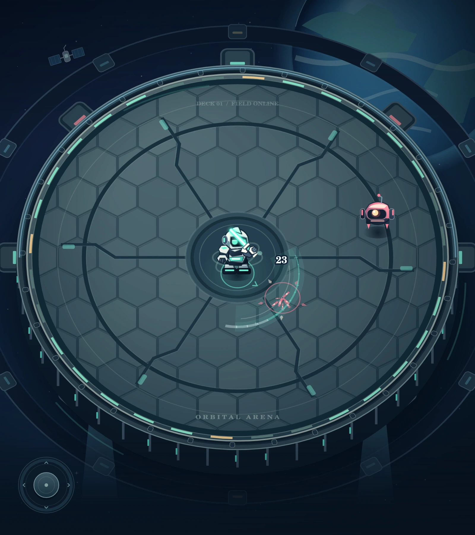 Arena artwork from the current Thespesio Arena game, showing robot combat on the orbital platform