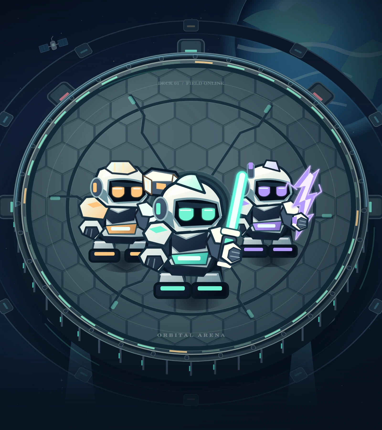 Blade with a laser sword, Volt gripping lightning and Titan carrying a heavy hammer on the orbital arena