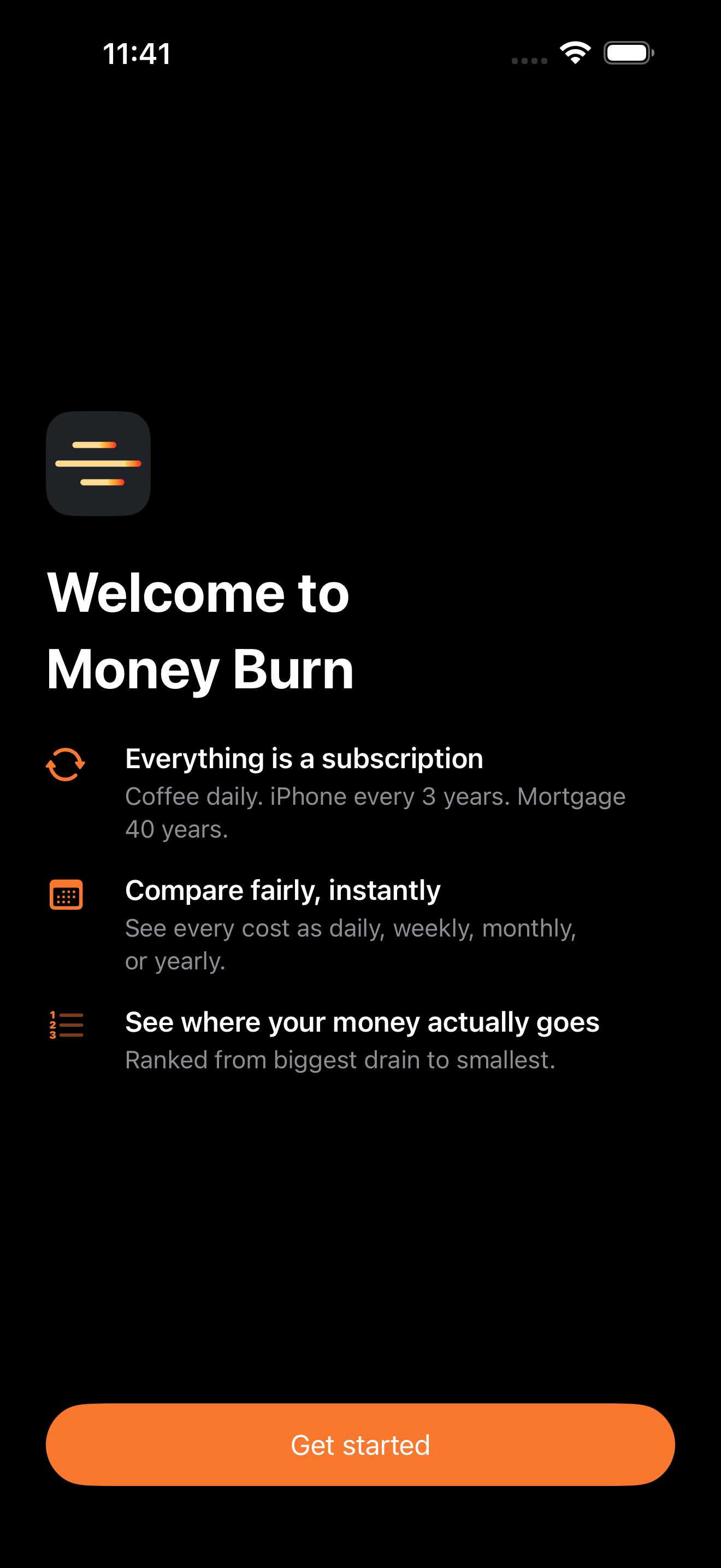 Money Burn onboarding screen