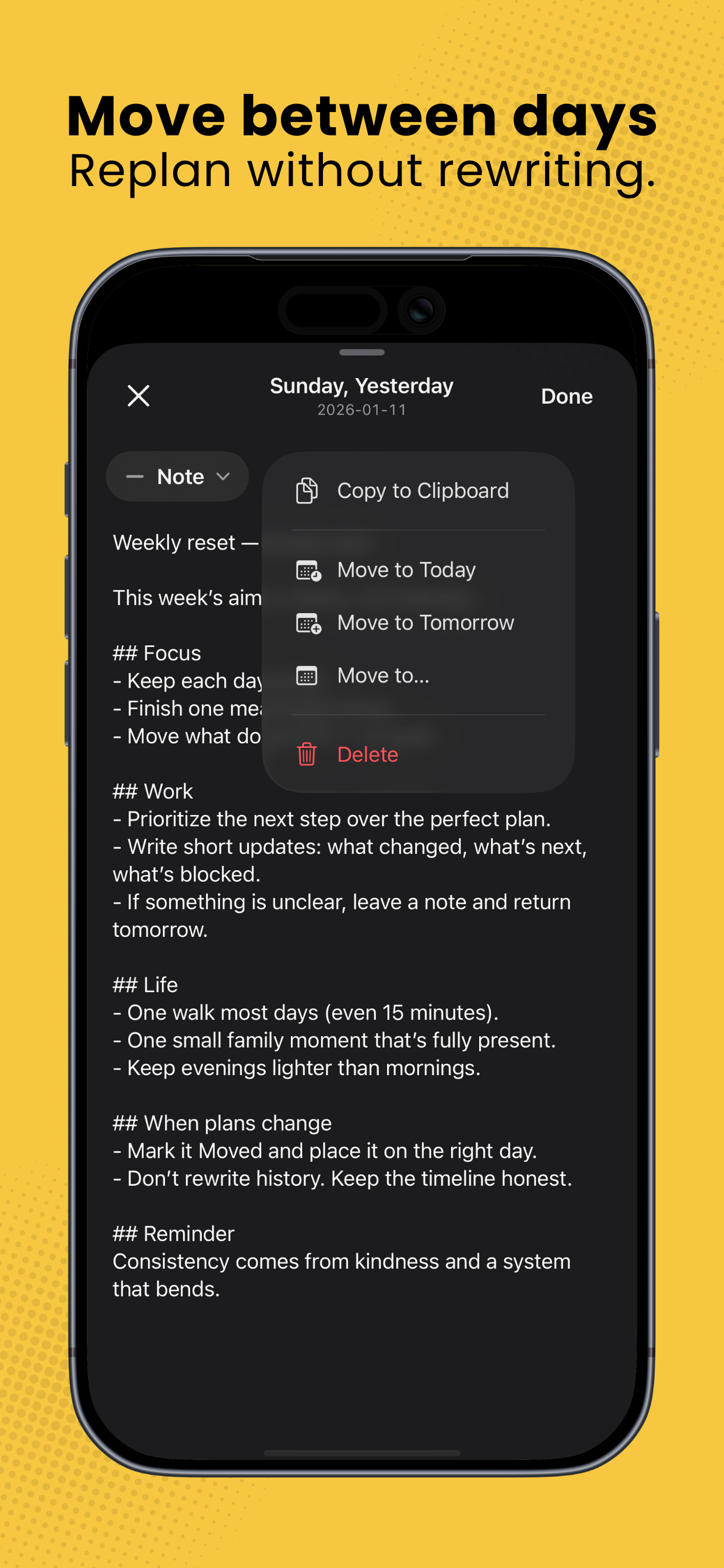 Move between days: Replan without rewriting.
